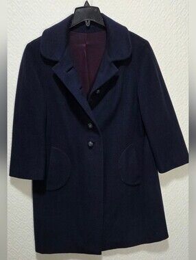 Vintage Women's Mid-Thigh 100% Cashmere Coat. Navy Blue, Estimated Size Sm/md